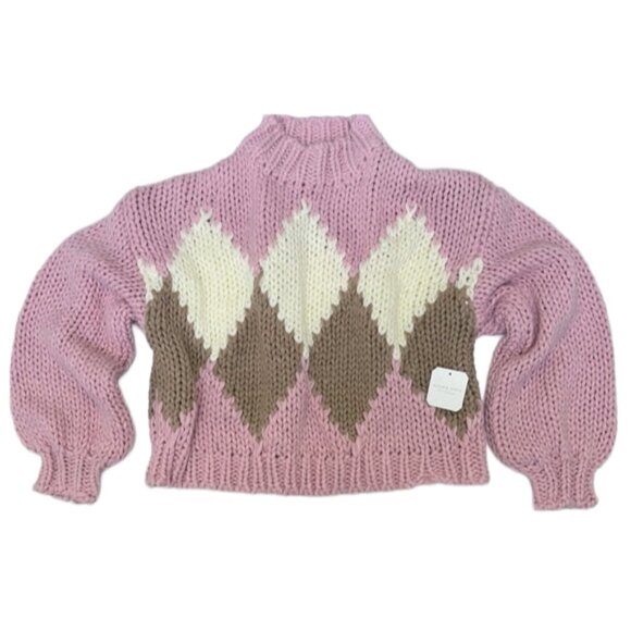 NWT Altar’d State Argyle Knit Sweater M Pink Brown Cream Cozy Chunky Pullover - Picture 1 of 11